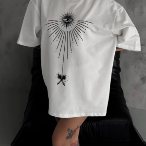 kadın Bisiklet Yaka Baskılı Oversize T-Shirt - Beyaz