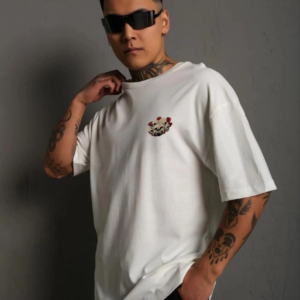 Erkek Bisiklet Yaka Baskılı Oversize T-Shirt - Beyaz