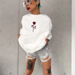 kadın Bisiklet Yaka Baskılı Oversize T-Shirt - Beyaz