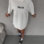 kadın  Bisiklet Yaka Baskılı Oversize T-Shirt - Beyaz