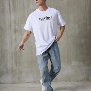 ERKEK Bisiklet Yaka Baskılı Oversize T-Shirt - Beyaz