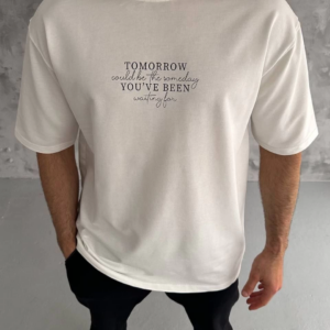 ERKEK Bisiklet Yaka Baskılı Oversize T-Shirt - Beyaz