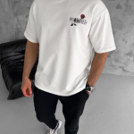 ERKEK Bisiklet Yaka Baskılı Oversize T-Shirt - Beyaz