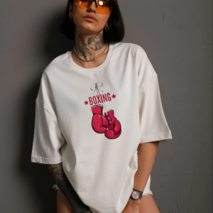 kadın  Bisiklet Yaka Baskılı Oversize T-Shirt - Beyaz