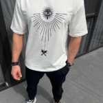 ERKEK  Bisiklet Yaka Baskılı Oversize T-Shirt - Beyaz