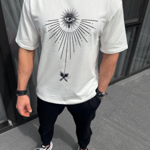 ERKEK  Bisiklet Yaka Baskılı Oversize T-Shirt - Beyaz