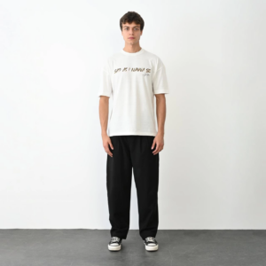 Erkek  Bisiklet Yaka Baskılı Oversize T-Shirt - Beyaz