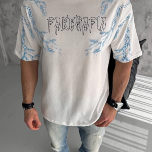 Erkek  Bisiklet Yaka Baskılı Oversize T-Shirt - Beyaz