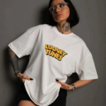 kadın Bisiklet Yaka Baskılı Oversize T-Shirt - Beyaz