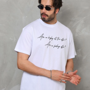 Erkek  Bisiklet Yaka Baskılı Oversize T-Shirt - Beyaz