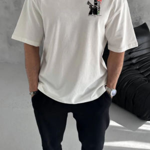 Erkek  Bisiklet Yaka Baskılı Oversize T-Shirt - Beyaz