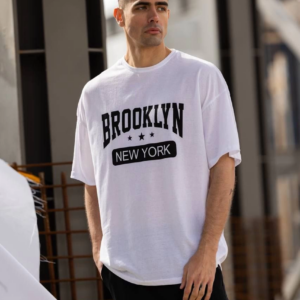 ERKEK Bisiklet Yaka Baskılı Oversize T-Shirt - Beyaz