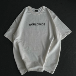 kadın Bisiklet Yaka Baskılı Oversize T-Shirt - Beyaz