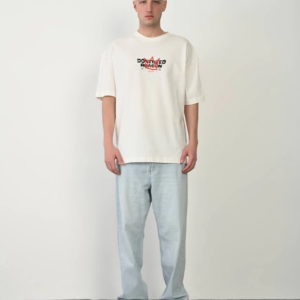 Erkek Bisiklet Yaka Baskılı Oversize - Beyaz