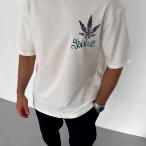 Erkek  Bisiklet Yaka Baskılı Oversize T-Shirt - Beyaz