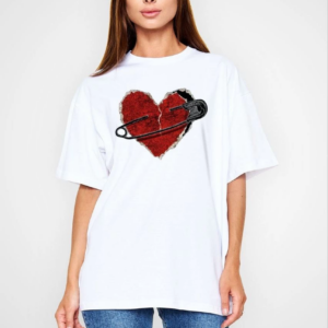 kadın Bisiklet Yaka Baskılı Oversize T-Shirt - Beyaz