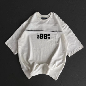 kadın  Bisiklet Yaka Baskılı Oversize T-Shirt - Beyaz