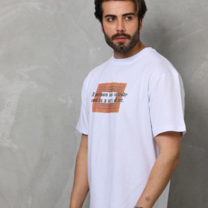 Erkek Bisiklet Yaka Baskılı Oversize T-Shirt - Beyaz