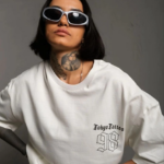 kadın Bisiklet Yaka Baskılı Oversize T-Shirt - Beyaz