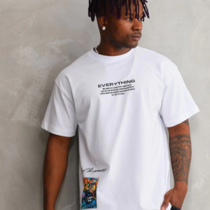 Erkek Bisiklet Yaka Baskılı Oversize T-Shirt - Beyaz