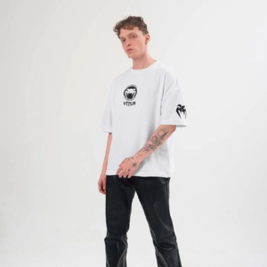 Erkek Bisiklet Yaka Baskılı Oversize T-Shirt - Beyaz