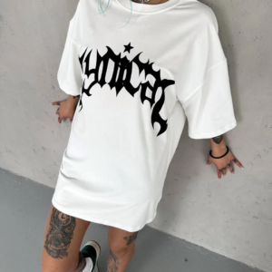 kadın Bisiklet Yaka Baskılı Oversize T-Shirt - Beyaz