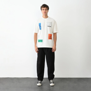 Erkek  Bisiklet Yaka Baskılı Oversize T-Shirt - Beyaz