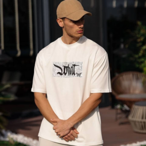 ERKEK Bisiklet Yaka Baskılı Oversize T-Shirt - Beyaz