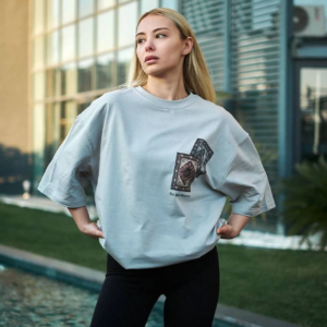 kadın Bisiklet Yaka Baskılı Oversize T-Shirt - Boyalı Gri