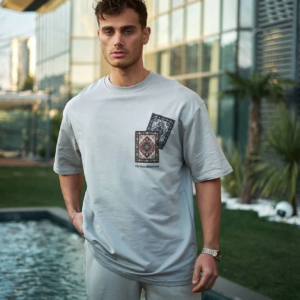 ERKEK Bisiklet Yaka kilim Baskılı Oversize T-Shirt - Boyalı Gri
