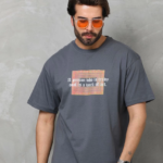 Erkek  Bisiklet Yaka Baskılı Oversize T-Shirt - Füme