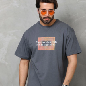 Erkek  Bisiklet Yaka Baskılı Oversize T-Shirt - Füme