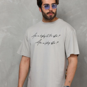 Erkek  Bisiklet Yaka Baskılı Oversize T-Shirt - Gri