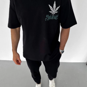 ERKEK Bisiklet Yaka Baskılı Oversize T-Shirt - Siyah