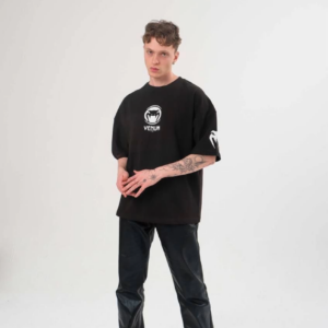 Erkek  Bisiklet Yaka Baskılı Oversize T-Shirt - Siyah