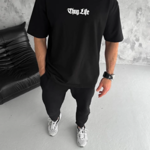 Erkek Bisiklet Yaka Baskılı Oversize T-Shirt - Siyah