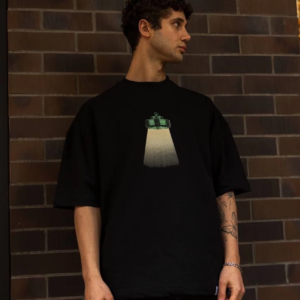 Erkek Bisiklet Yaka Baskılı Oversize T-Shirt - Siyah