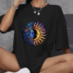 kadın  Bisiklet Yaka Baskılı Oversize T-Shirt - Siyah