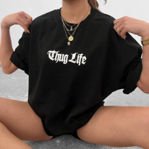 kadın Bisiklet Yaka Baskılı Oversize T-Shirt - Siyah