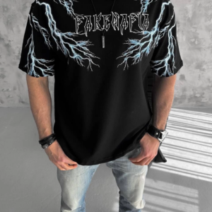 ERKEK Bisiklet Yaka Yıldırım Baskılı Oversize T-Shirt-Siyah