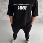 Erkek Bisiklet Yaka Baskılı Oversize T-Shirt - Siyah