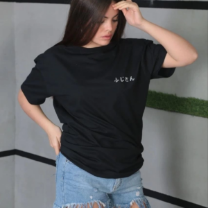 Kadın Bisiklet Yaka Baskılı Oversize T-Shirt - Siyah