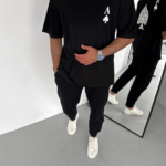 Erkek Bisiklet Yaka Baskılı Oversize T-Shirt - Siyah