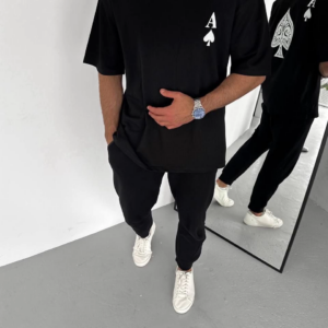 Erkek Bisiklet Yaka Baskılı Oversize T-Shirt - Siyah