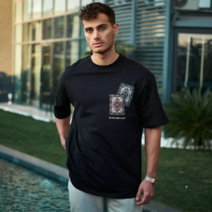 ERKEK Bisiklet Yaka Baskılı Oversize T-Shirt - Siyah