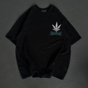 kadın  Bisiklet Yaka Baskılı Oversize T-Shirt - Siyah