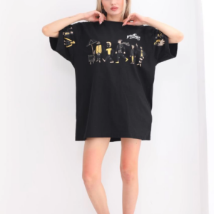 kadın  Bisiklet Yaka Baskılı Oversize T-Shirt - Siyah