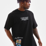 Erkek Bisiklet Yaka Baskılı Oversize T-Shirt - Siyah