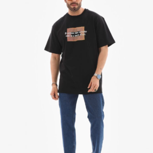 Erkek Bisiklet Yaka Baskılı Oversize T-Shirt - Siyah