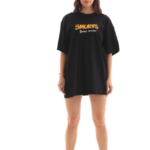 kadın  Bisiklet Yaka Baskılı Oversize T-Shirt - Siyah